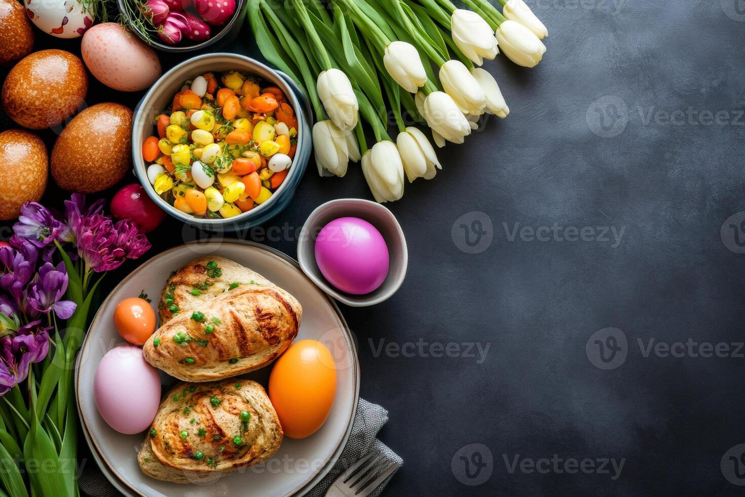 Festive easter table setting decorated with colorful eggs, tulips, and hyacinths with copy space photo