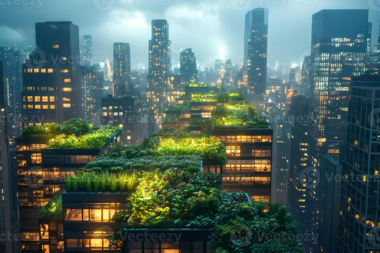 Green roofs transforming city skyline, sustainable urban development at night photo