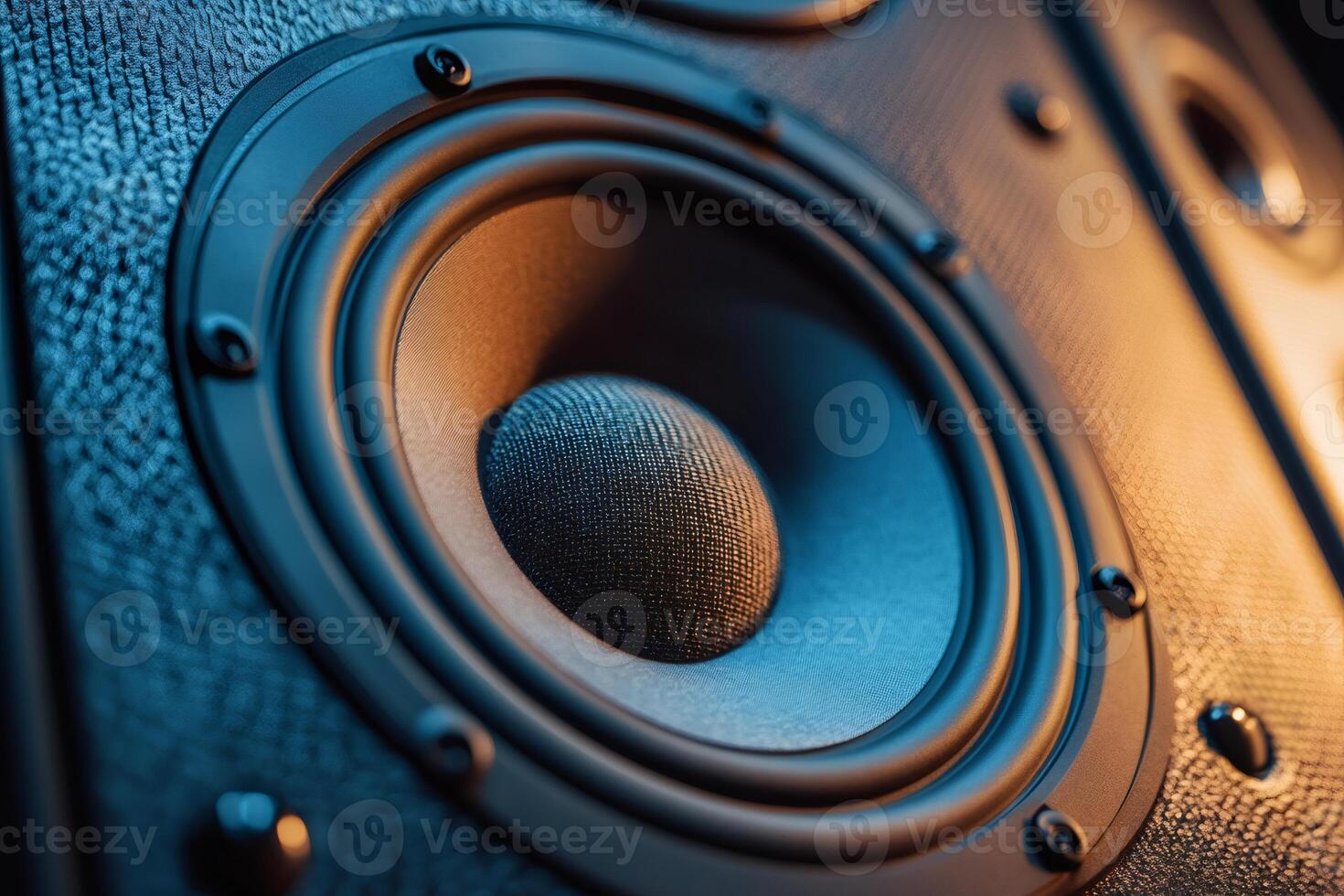 Close up of modern audio speaker delivering powerful sound photo