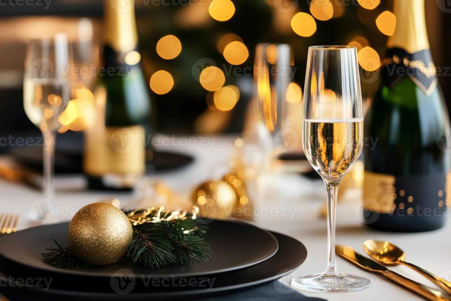 Elegant christmas table setting with champagne and festive decorations photo