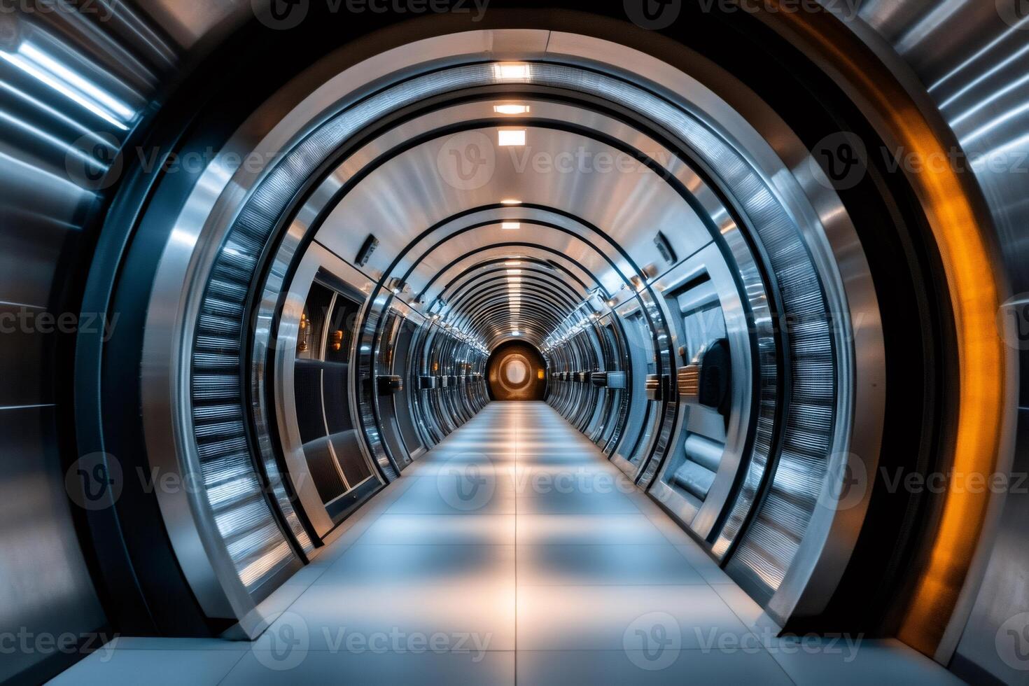 Futuristic metallic corridor leading to bright light in modern building photo