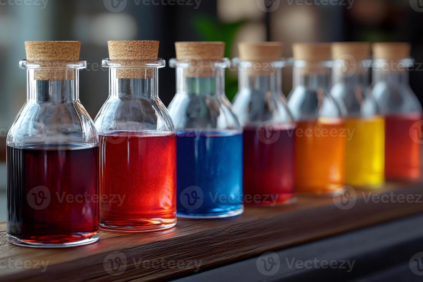 Colorful liquid in small glass bottles with cork lids creating a rainbow effect on wooden surface photo