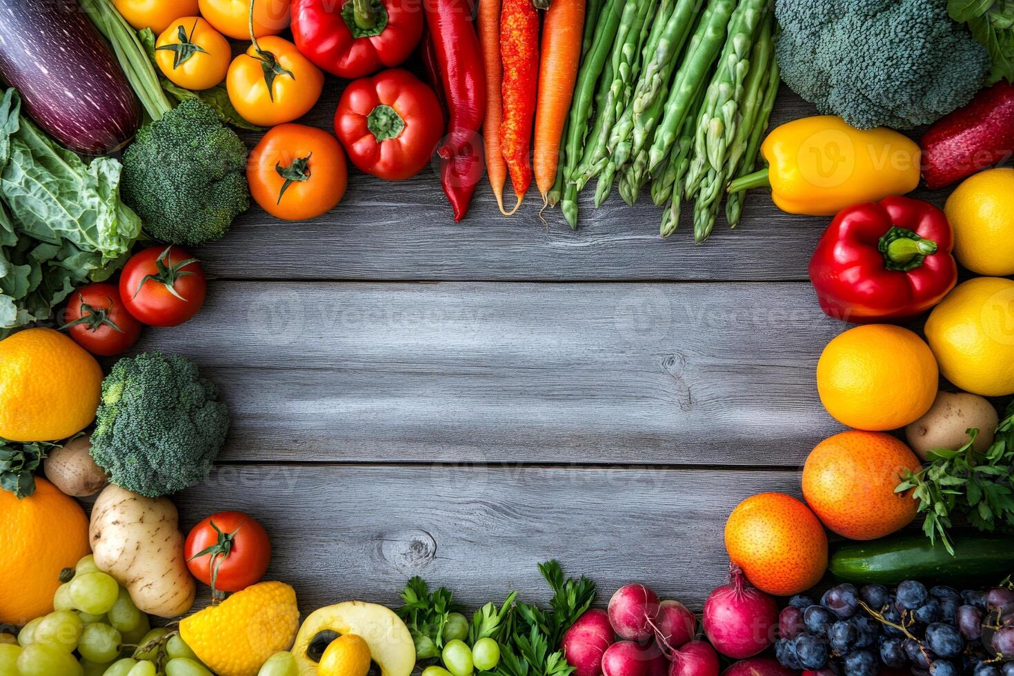 Fresh fruits and vegetables creating a frame on rustic wooden table photo