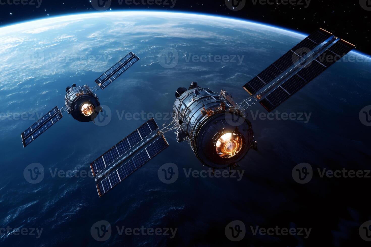 Two satellites orbiting earth, exploring the vastness of space photo