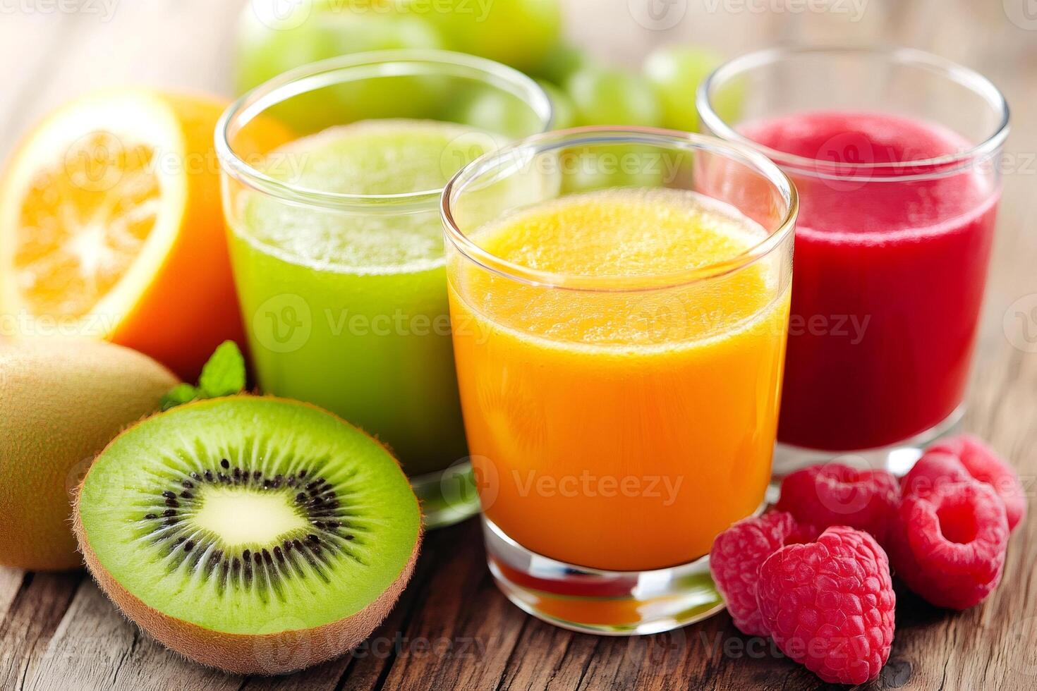 Colorful glasses of fruit juice with fresh fruits on wooden table. photo