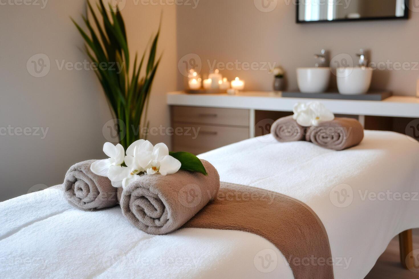 Massage table prepared with towels and orchids in modern spa room photo