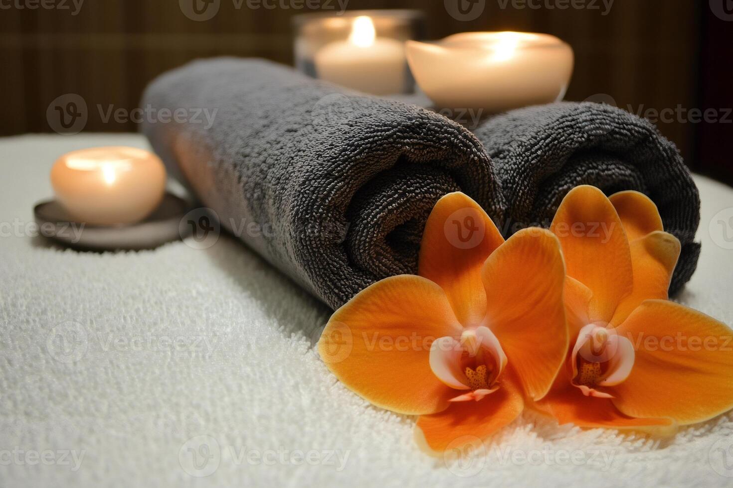 Rolled towels, orchid flowers, and lit candles creating relaxing spa ambiance photo