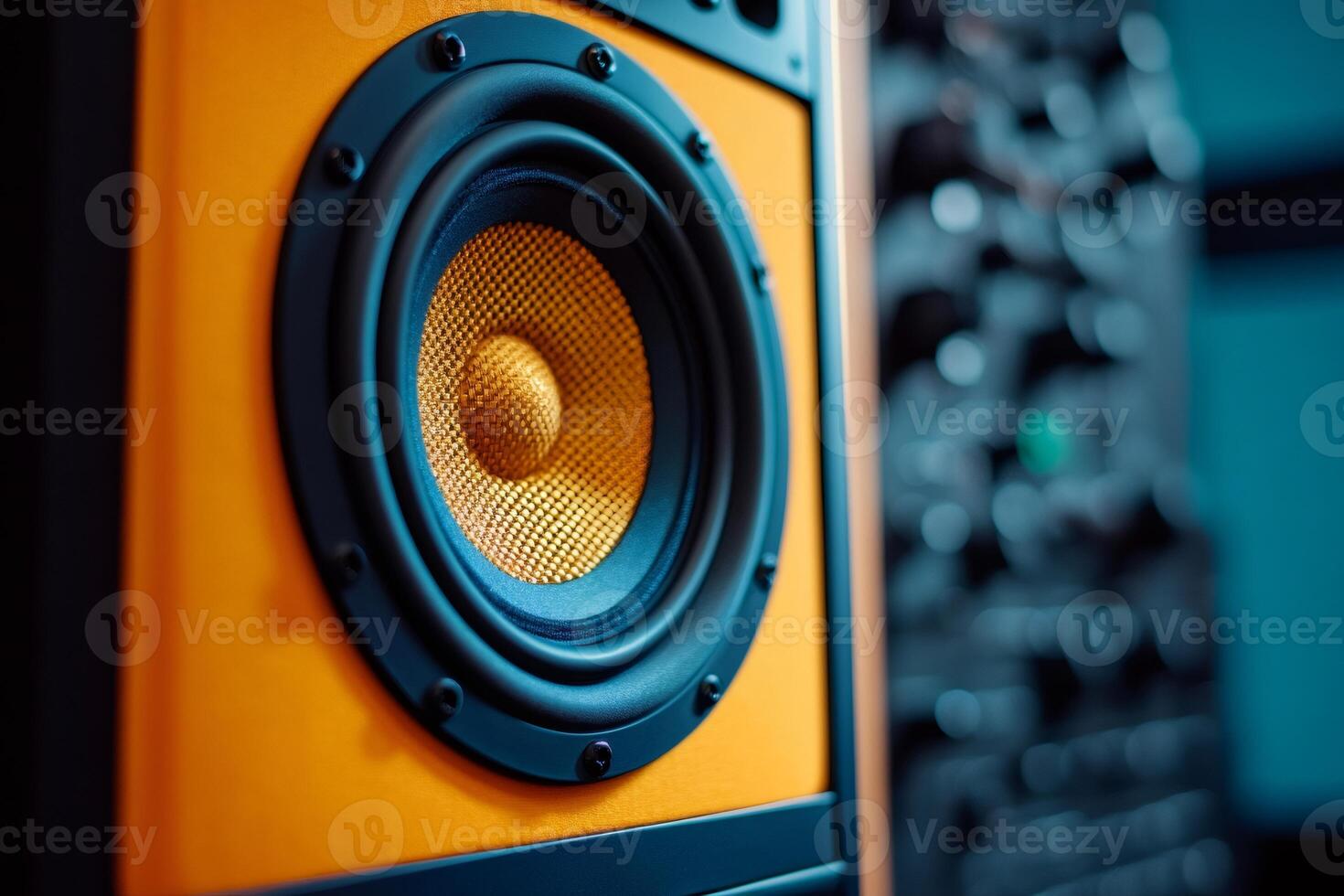 Powerful audio speaker delivering high fidelity sound in recording studio photo