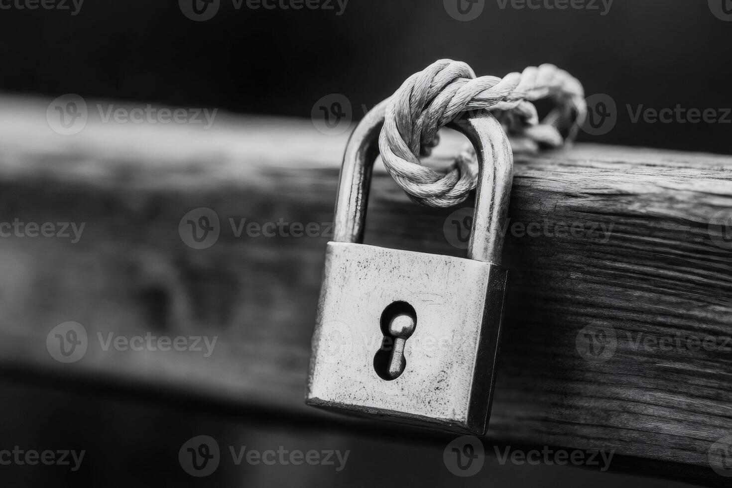 Padlock locked with rope on wooden surface symbolizing security photo