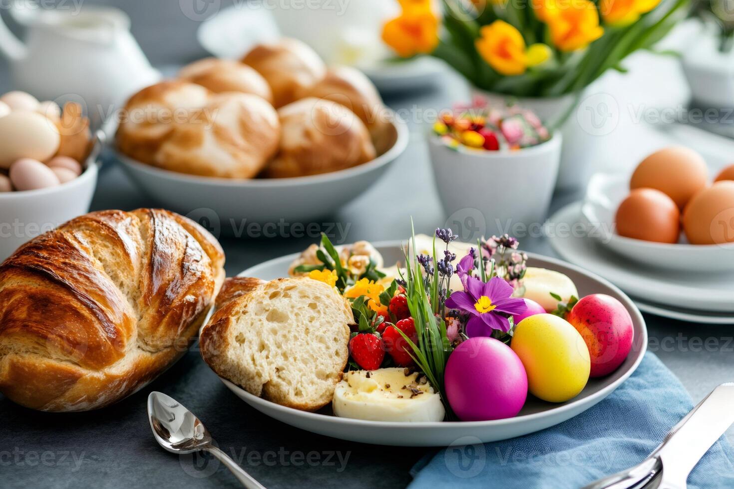 Festive easter breakfast featuring colorful eggs, bread, and spring flowers photo