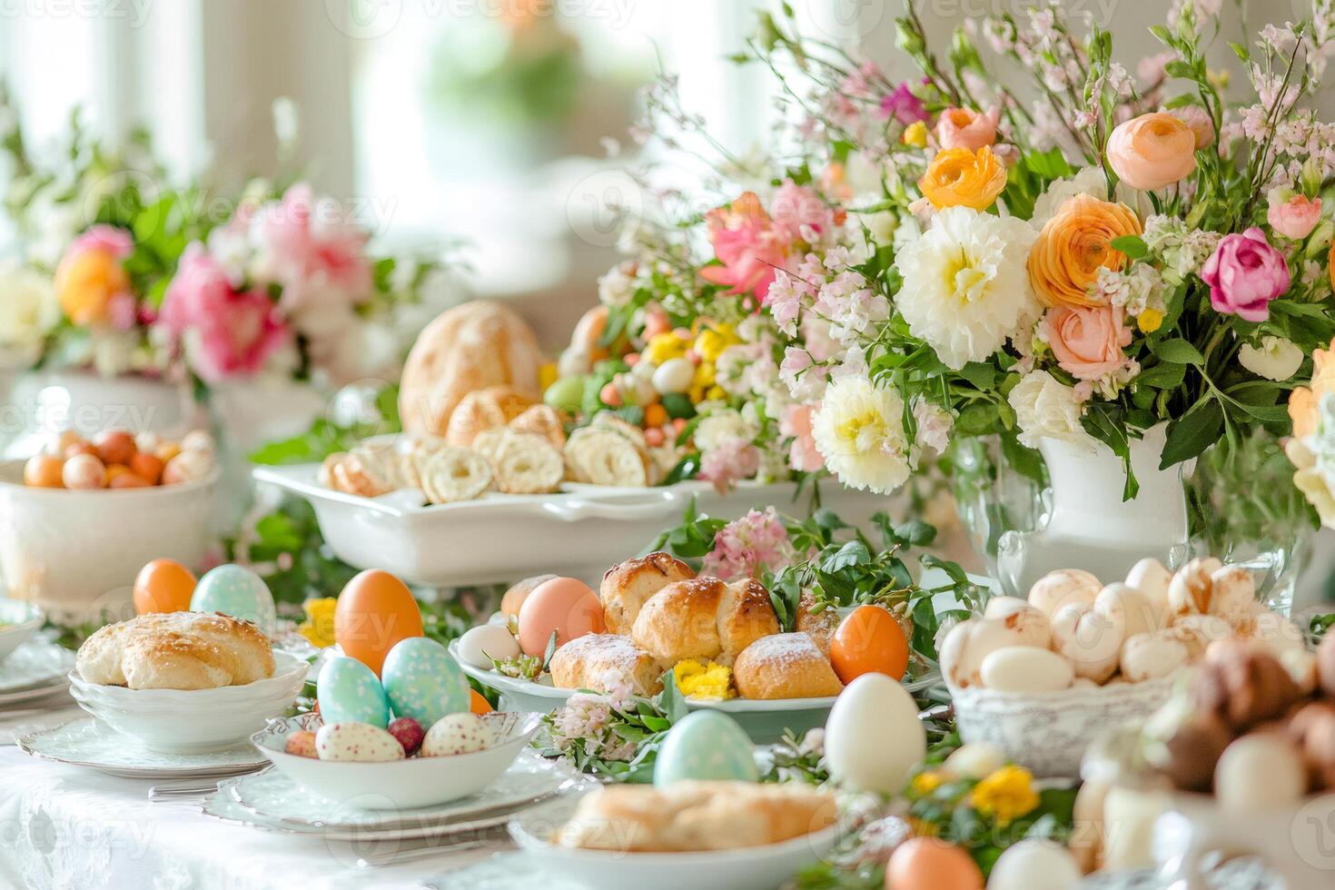 Festive easter table setting decorated with colorful eggs, flowers, and bread photo