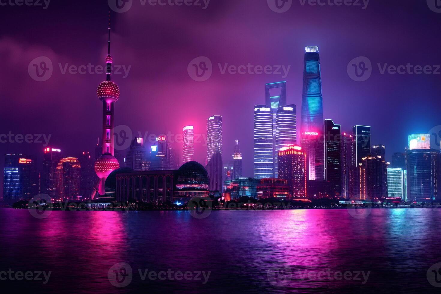 Shanghai skyline reflecting in the huangpu river at night photo