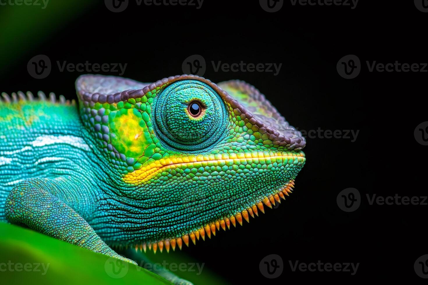 Colorful chameleon resting on a vibrant green leaf photo