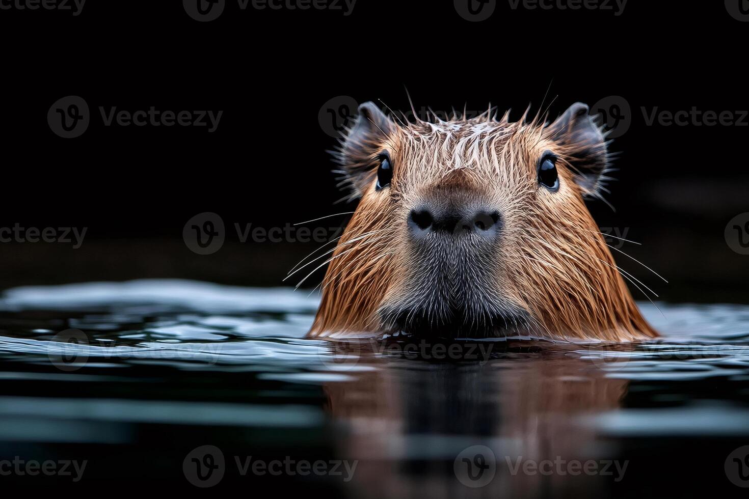 Capybara swimming in dark water with intense gaze photo