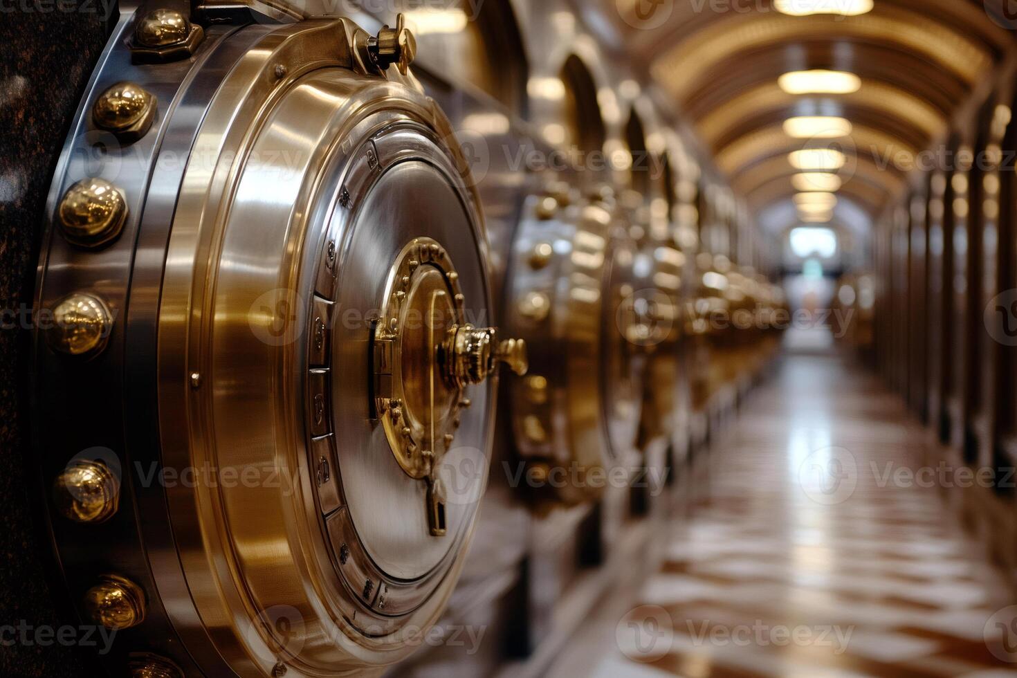 Close up of combination lock on a bank vault door in a secure room photo