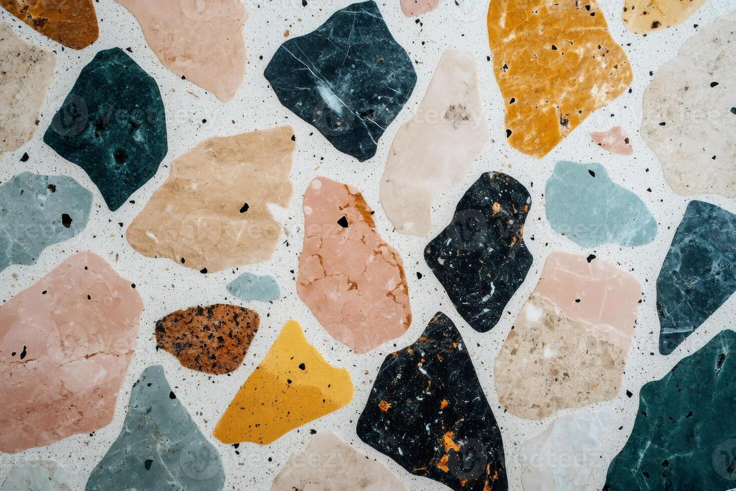 Colorful terrazzo flooring pattern showing various stone fragments embedded in concrete photo
