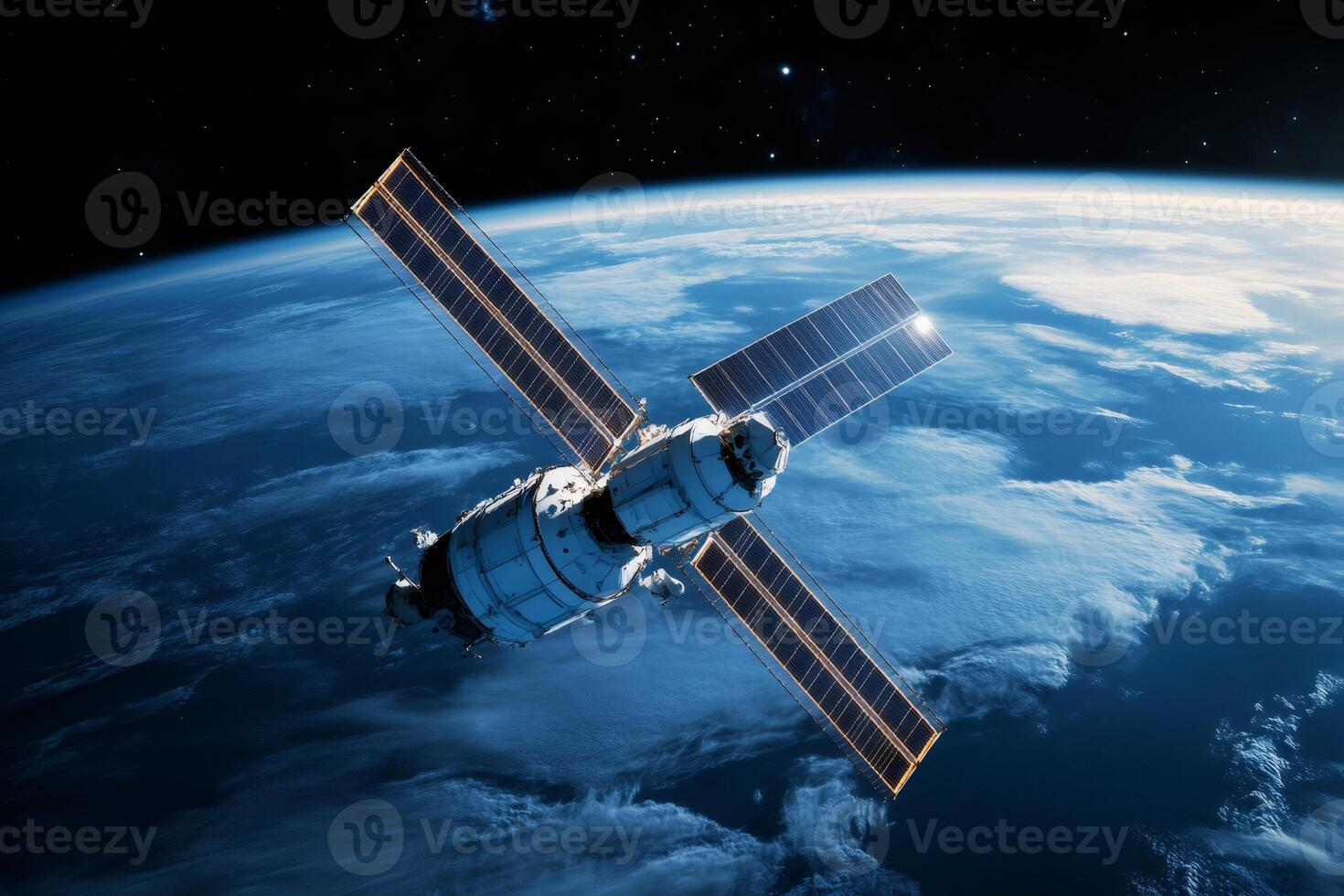 Space station orbiting planet earth with solar panels deploying photo