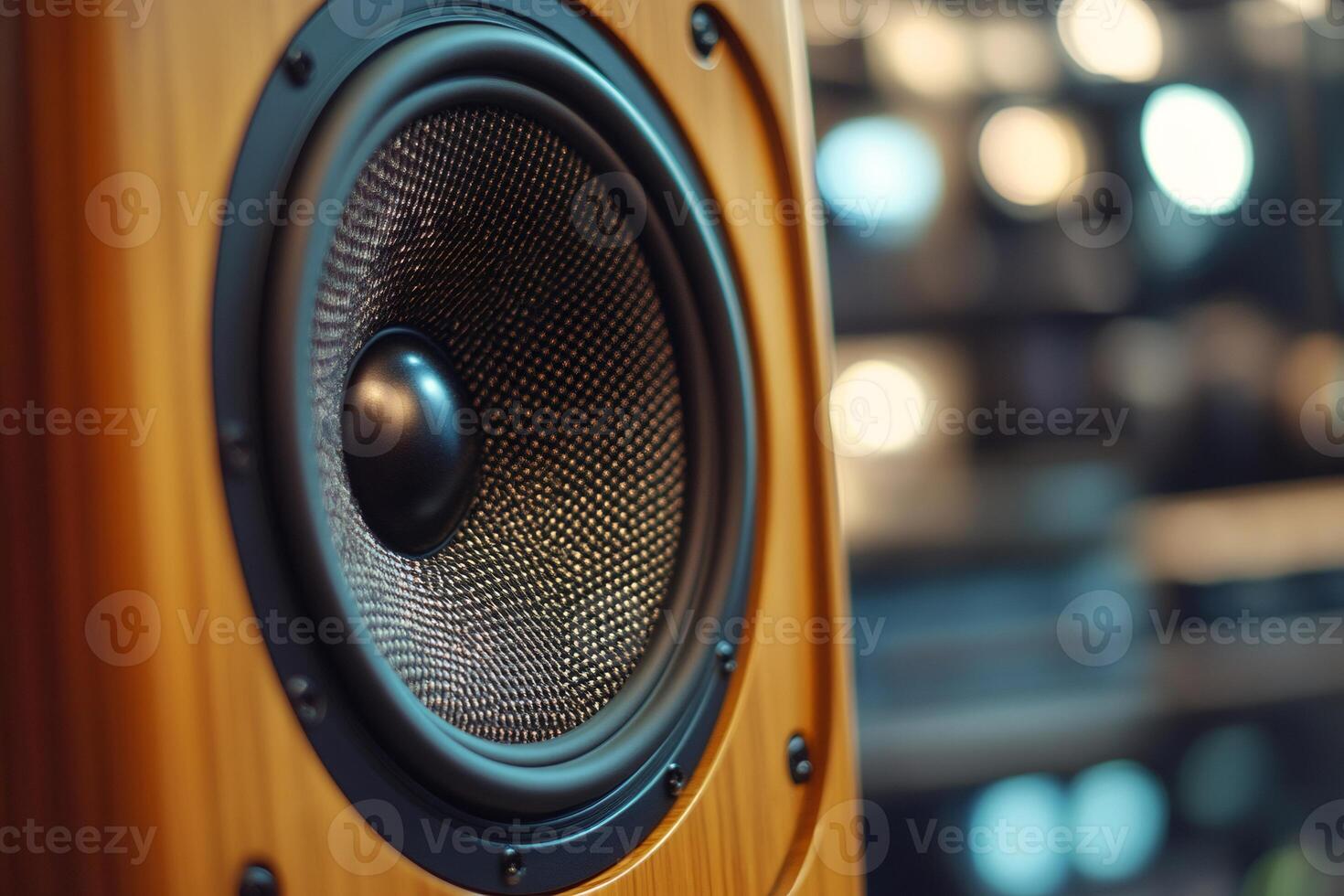 Close up of audio speaker playing music with blurred background photo