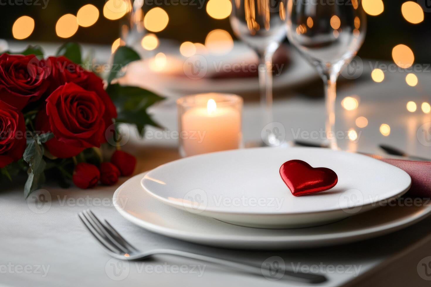 Romantic table setting celebrating valentine's day with red roses and heart decoration photo