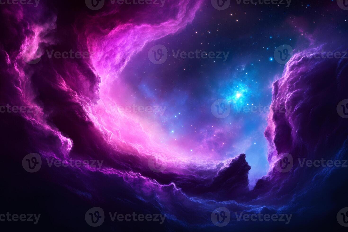 Stunning purple nebula cloudscape with bright blue and pink colors photo