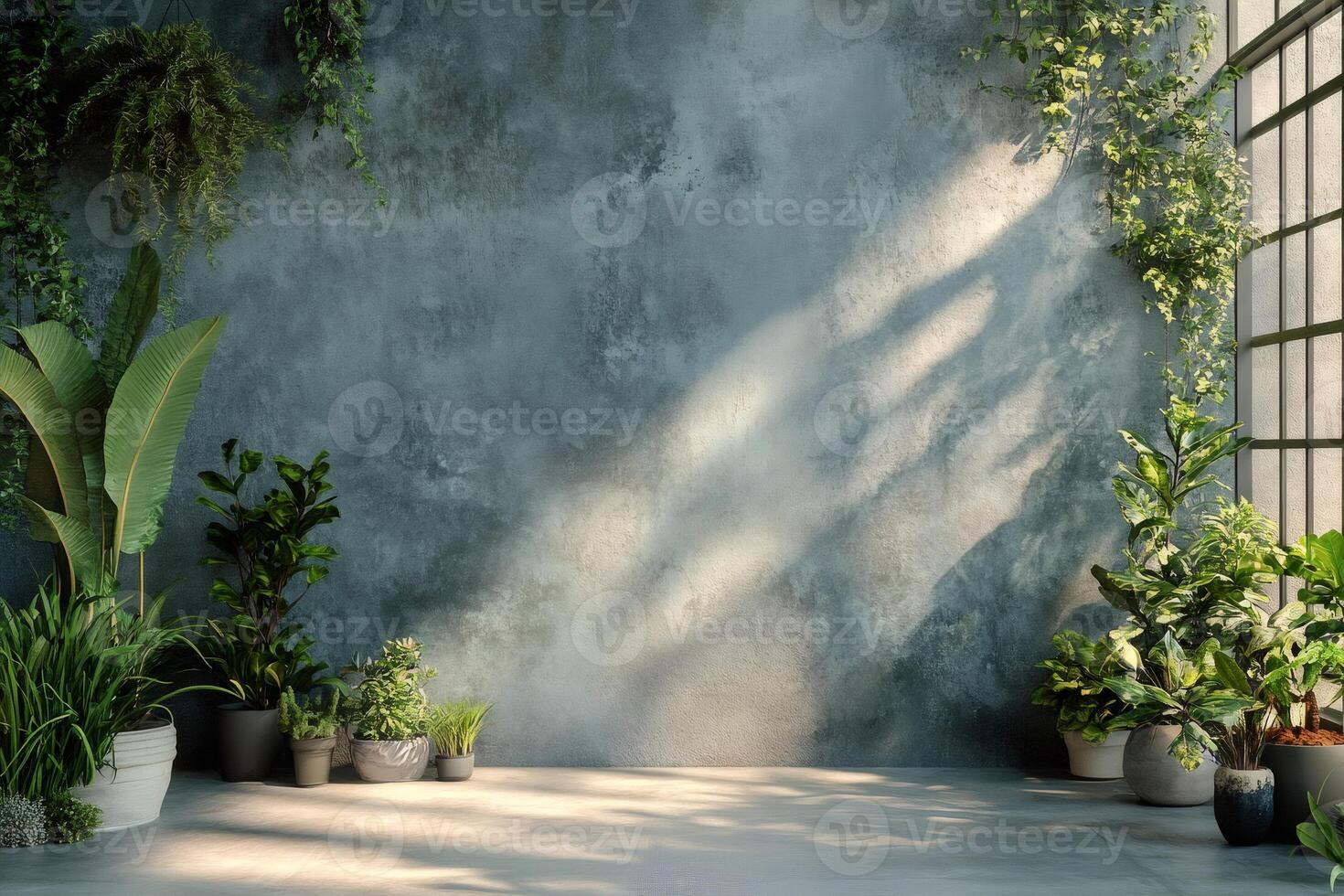 Empty room with plants, concrete wall and window sunlight creating shadows photo
