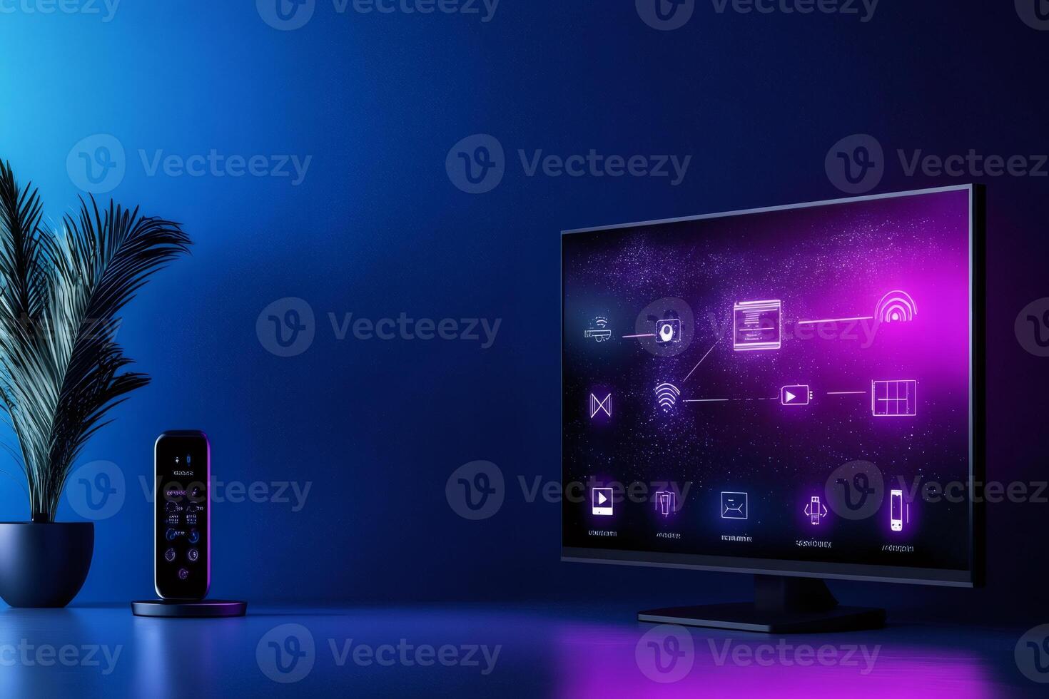 Smart home automation system controlling devices with tv and mobile app in futuristic room photo