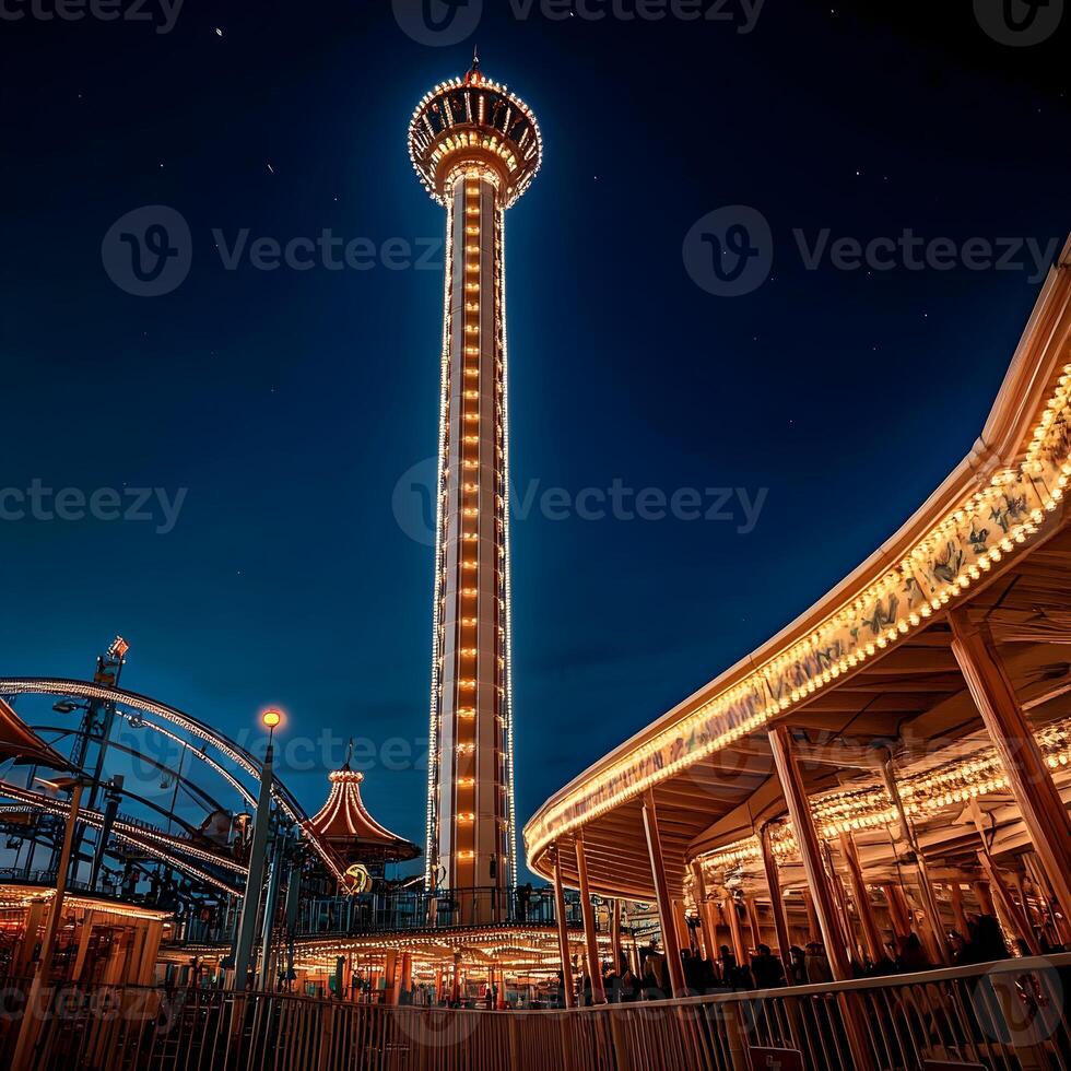 Panoramic observation tower illuminating night sky at amusement park photo
