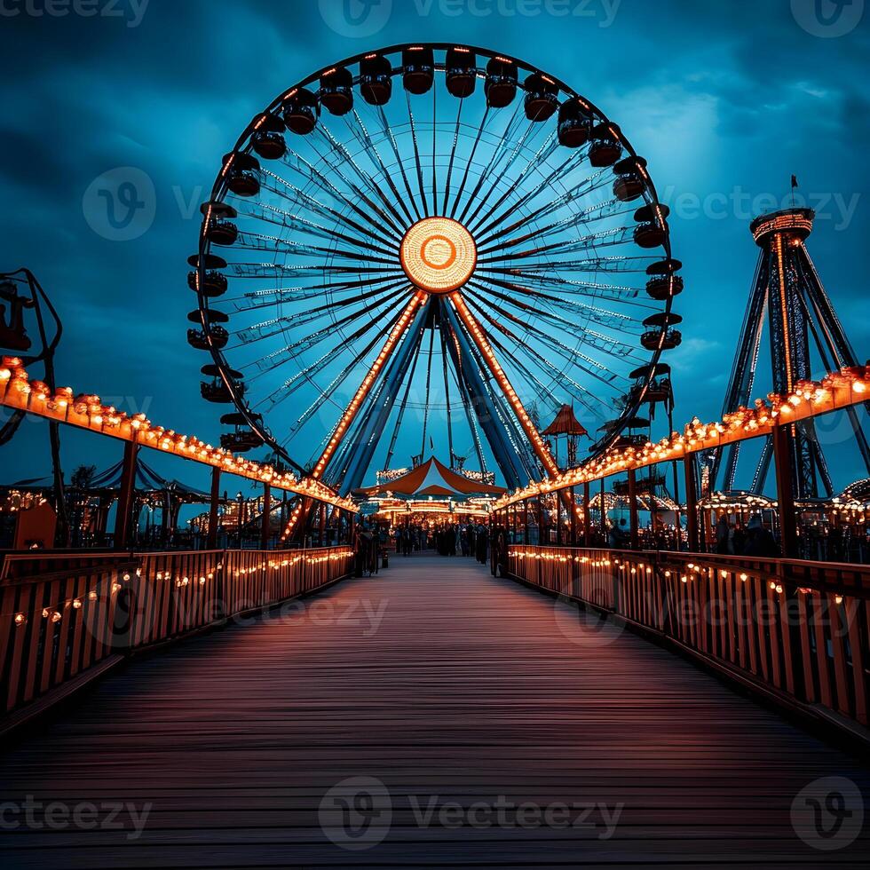 Ferris wheel and carousel shining at dusk in amusement park photo