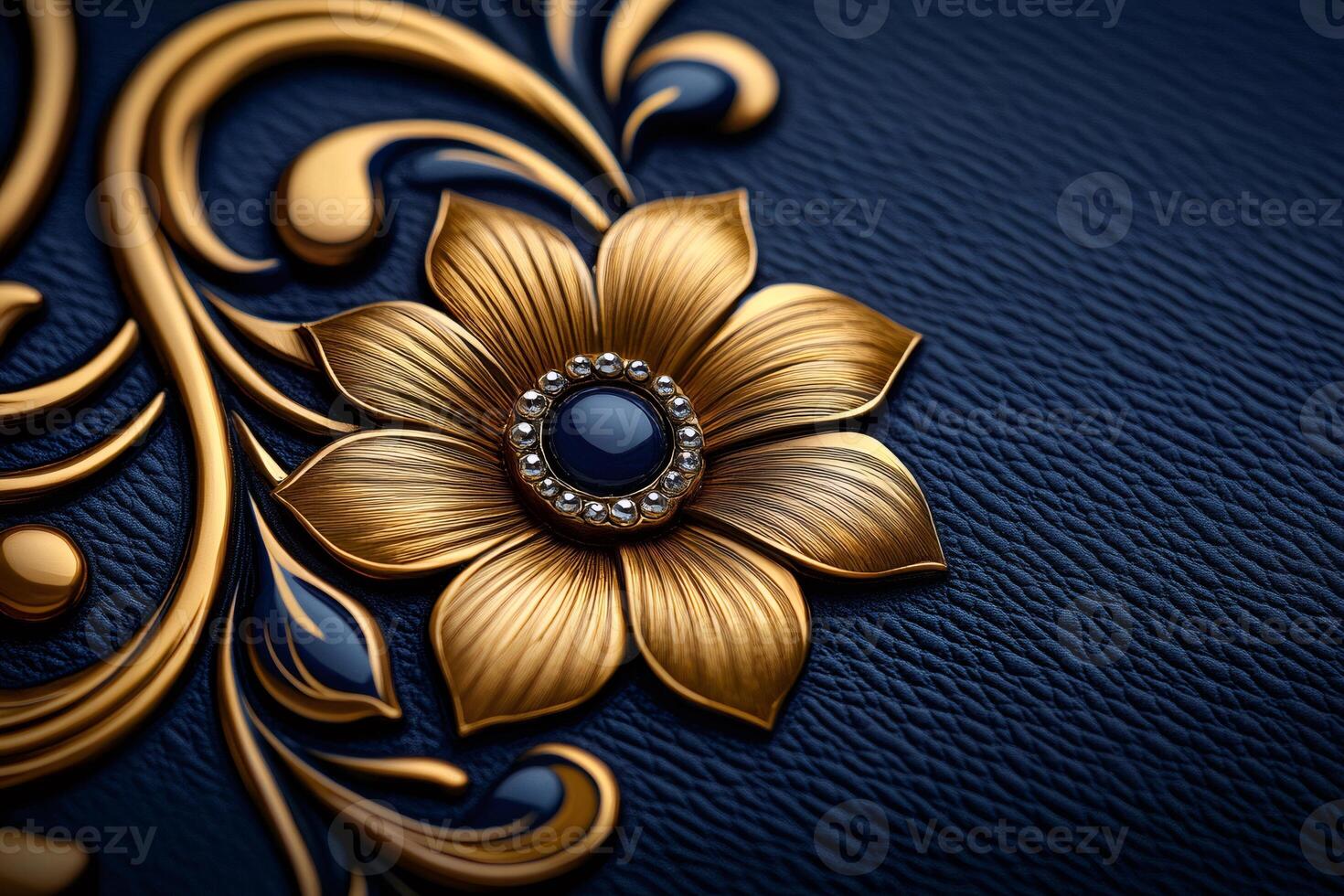 Golden flower ornament embellishing blue leather surface photo