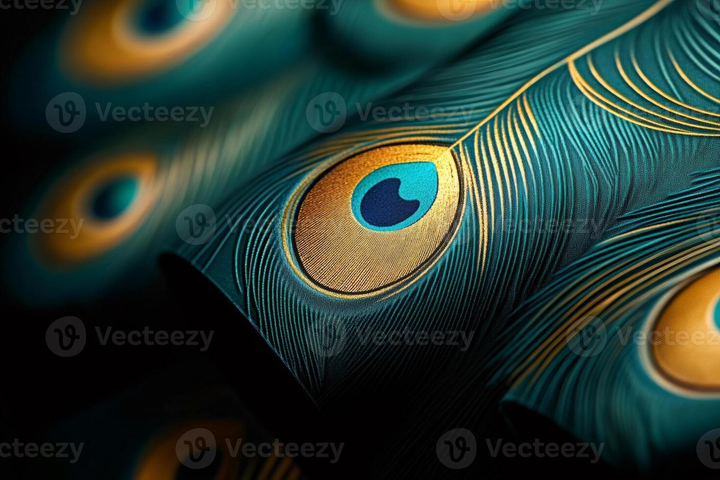 Peacock feather pattern embossed on luxurious green fabric photo