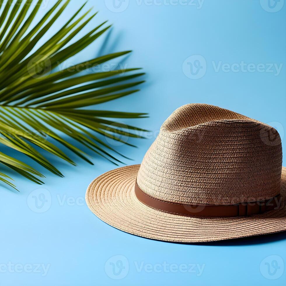 Straw hat and palm leaf creating a relaxing summer vibe on blue background photo