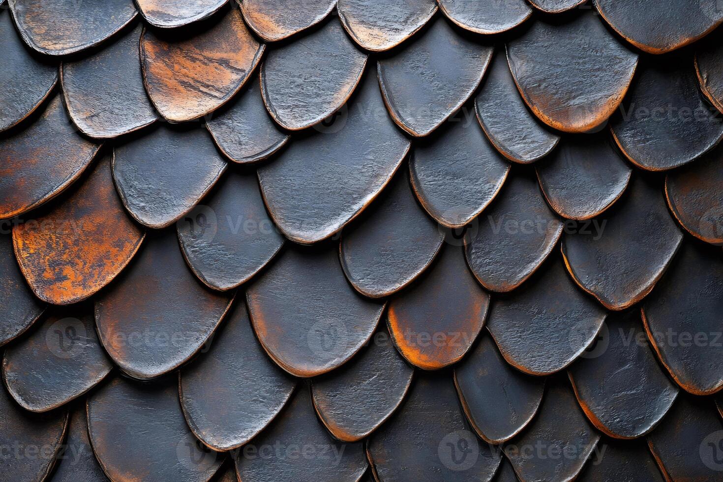Dark metal scales creating an overlapping textured surface photo