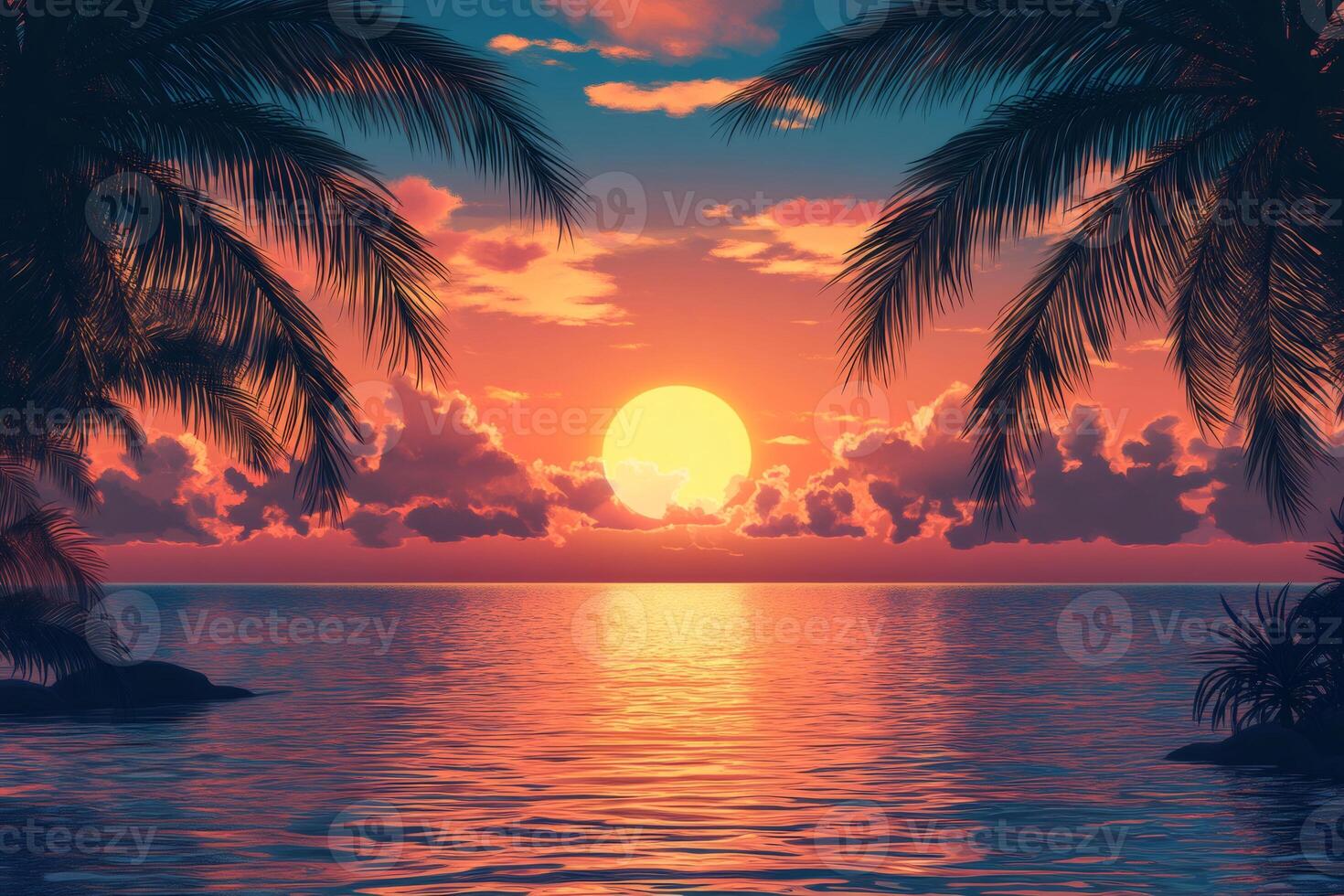 Palm trees framing breathtaking tropical sunset over calm ocean photo
