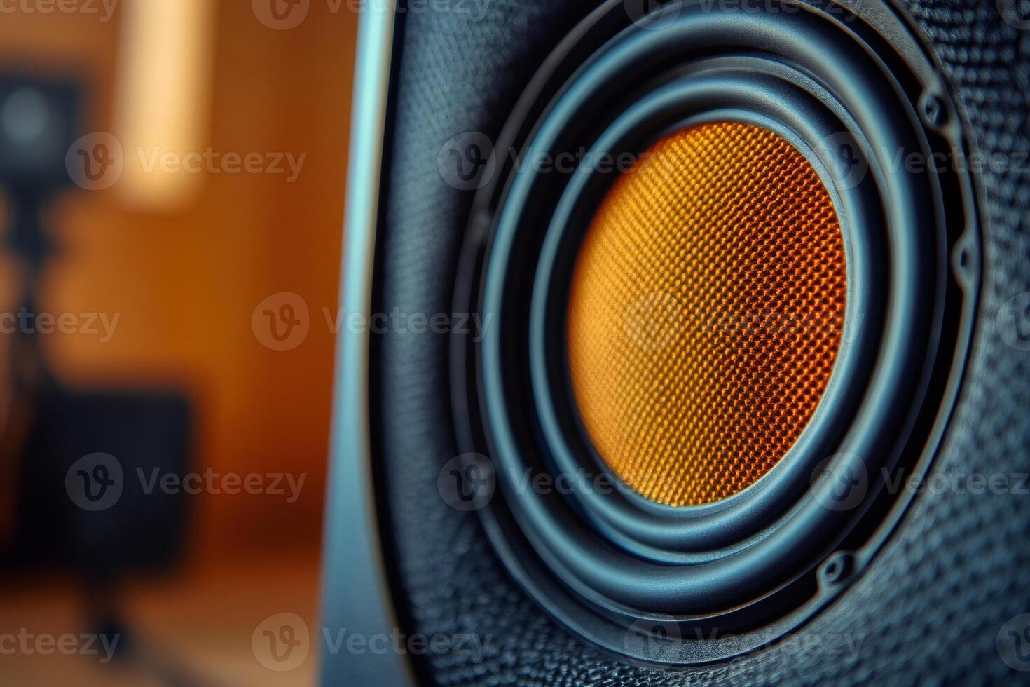 Professional monitor speaker close up showing orange membrane and black case photo