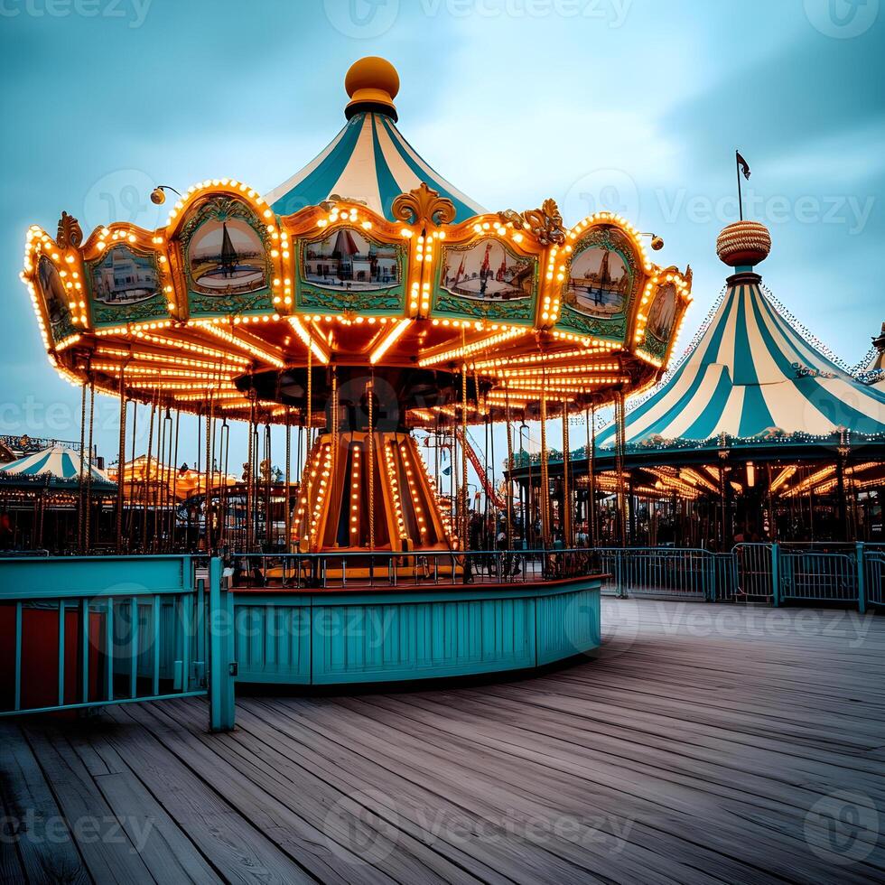 Illuminated carousel shining at dusk in amusement park photo