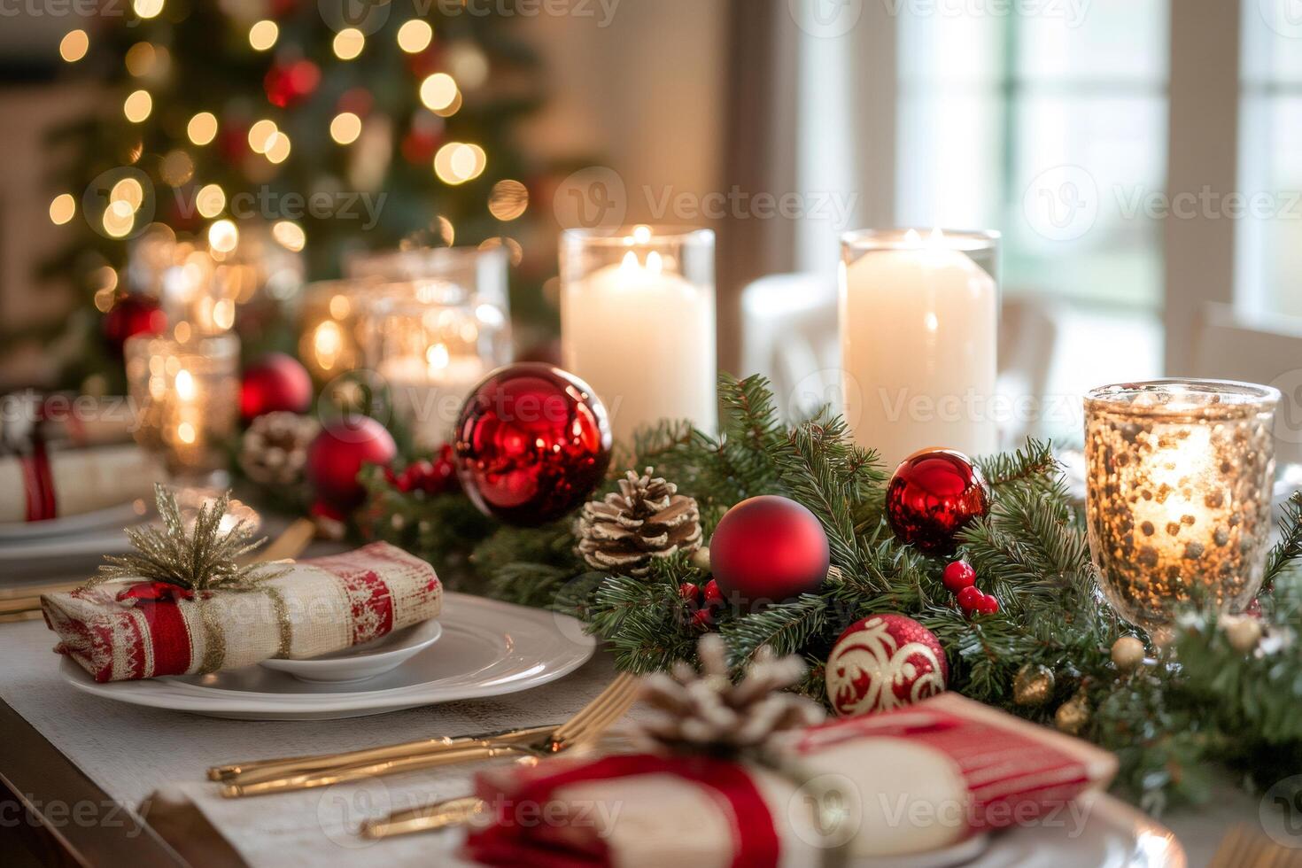 Christmas table setting decorated with candles, garland, and ornaments with christmas tree in background photo