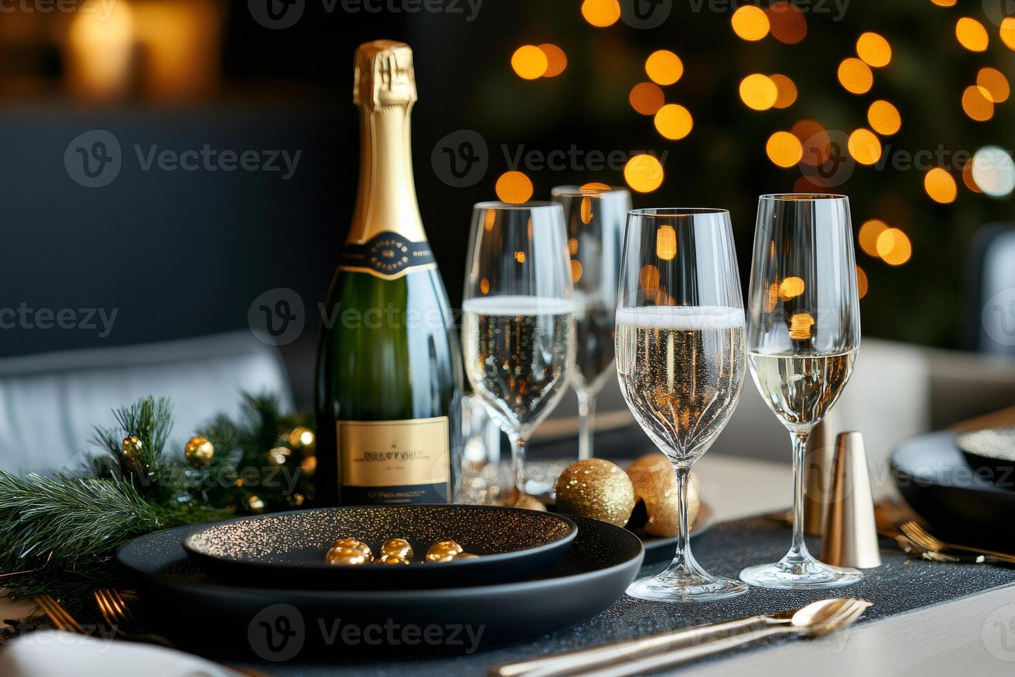 Sparkling wine glasses and bottle celebrating christmas festivities on dining table photo