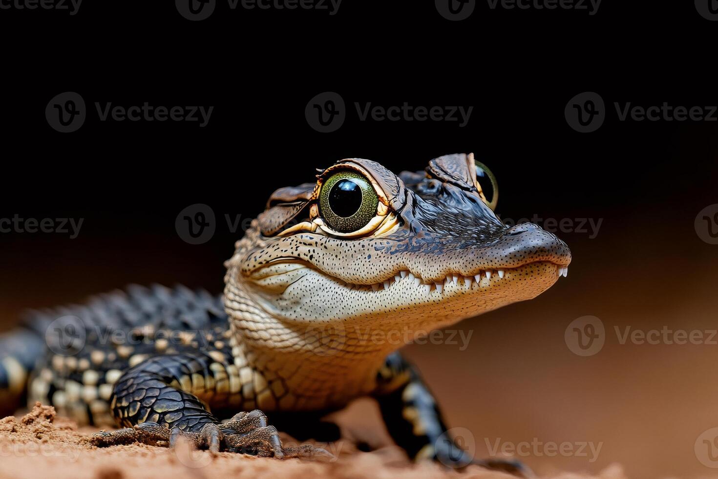 Baby alligator resting on the sand with intense gaze photo