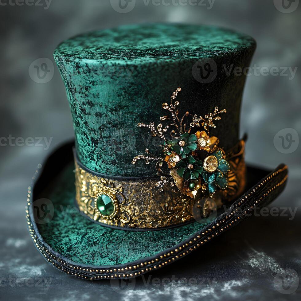 Elegant green top hat with gold and emerald decorations standing on gray surface photo