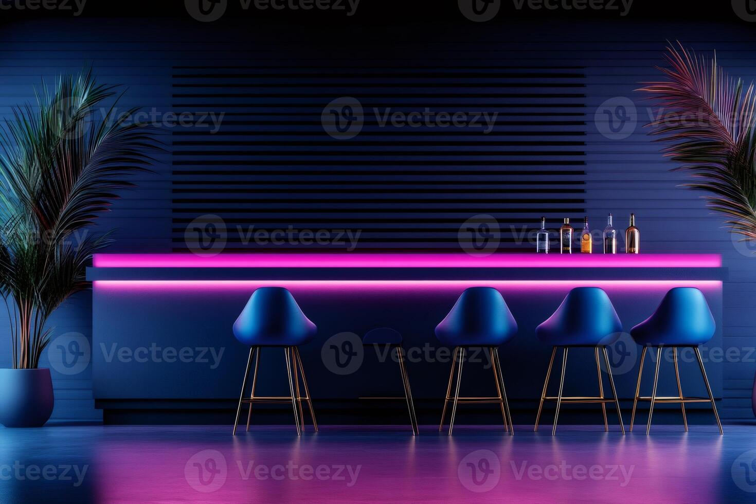 Empty bar counter illuminated with pink neon light in trendy nightclub photo