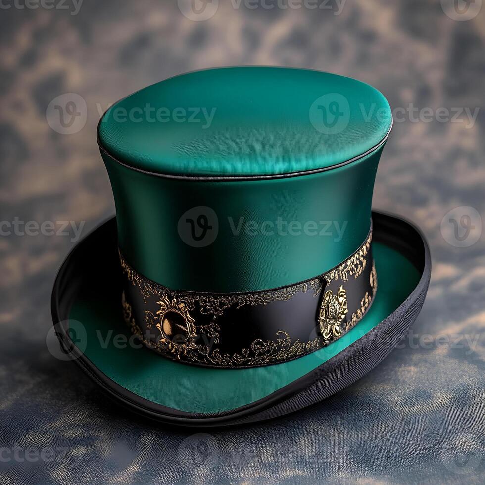 Emerald green top hat with ornate black and gold band sitting on table photo