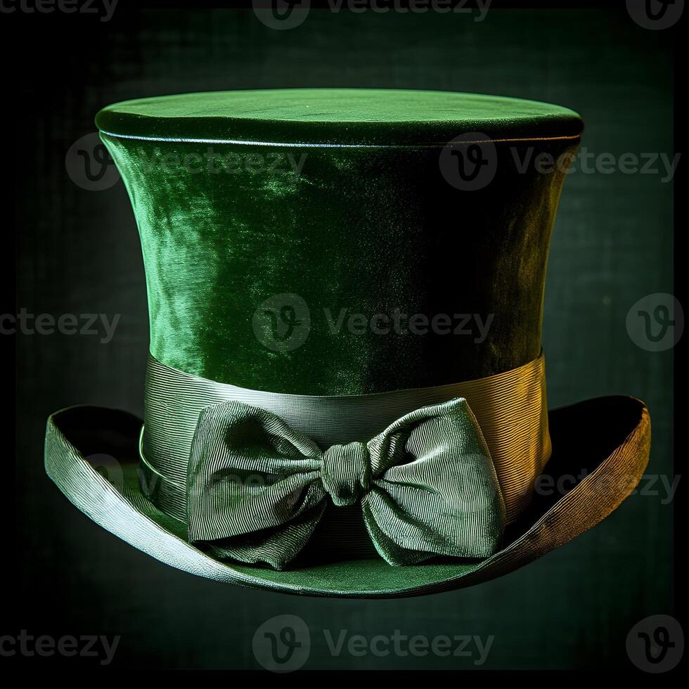 Elegant green velvet top hat with bow on dark background photo