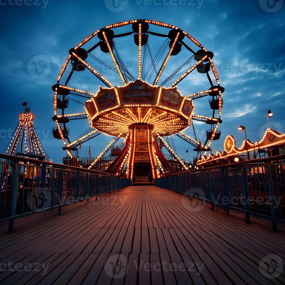 Ferris wheel and carousel shining at dusk in amusement park. photo