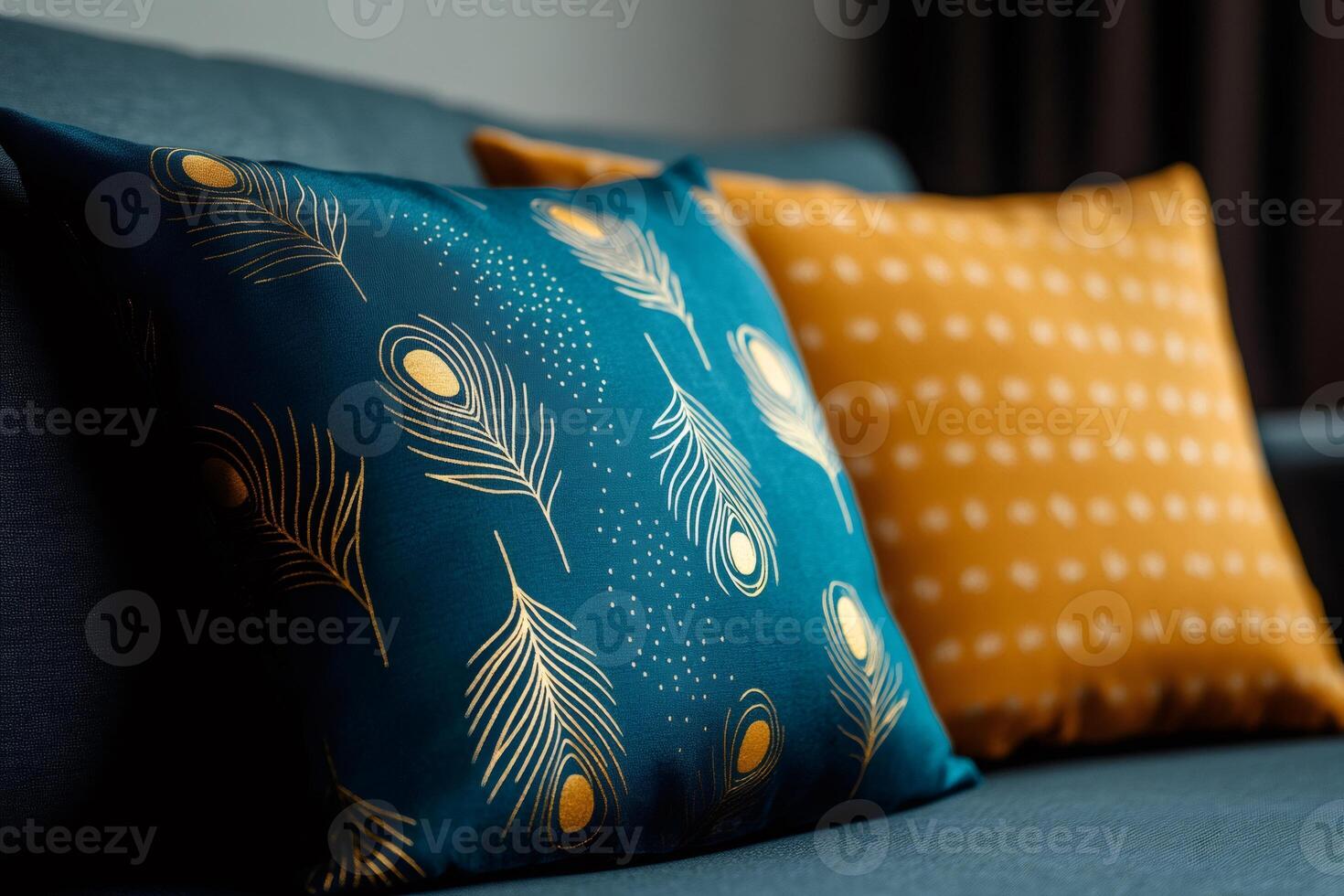Elegant cushions resting on comfortable sofa in modern living room photo