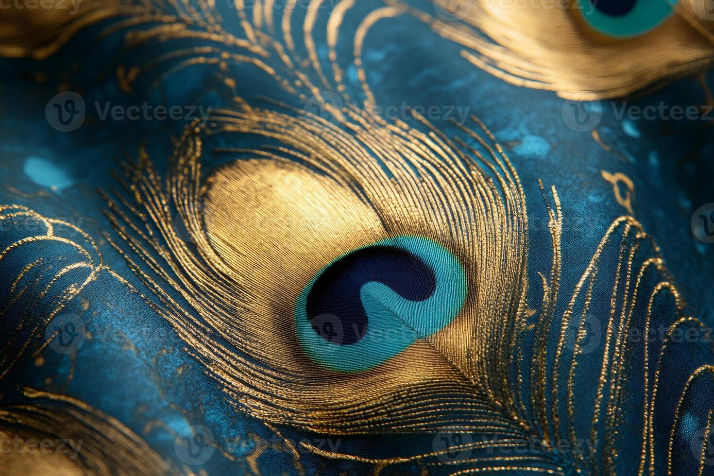 Peacock feather pattern shining with gold on teal fabric photo