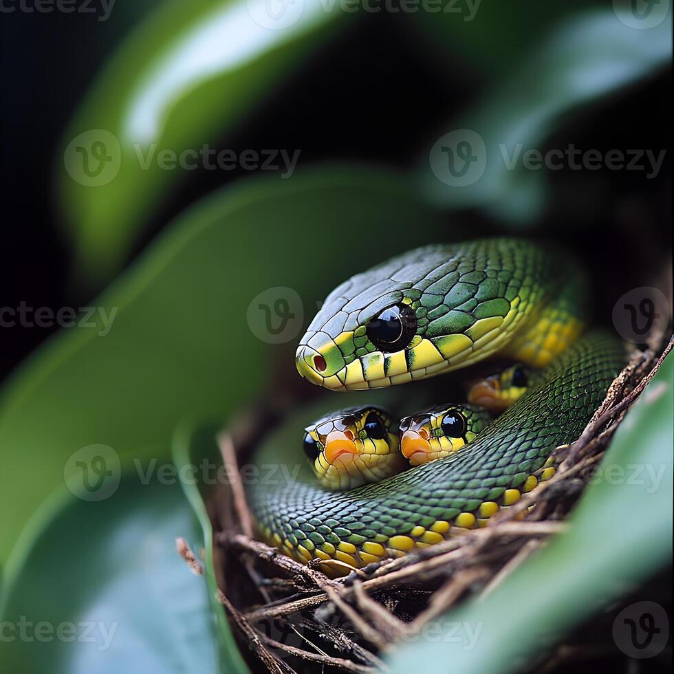 Green snakes protecting nest in lush tropical rainforest photo