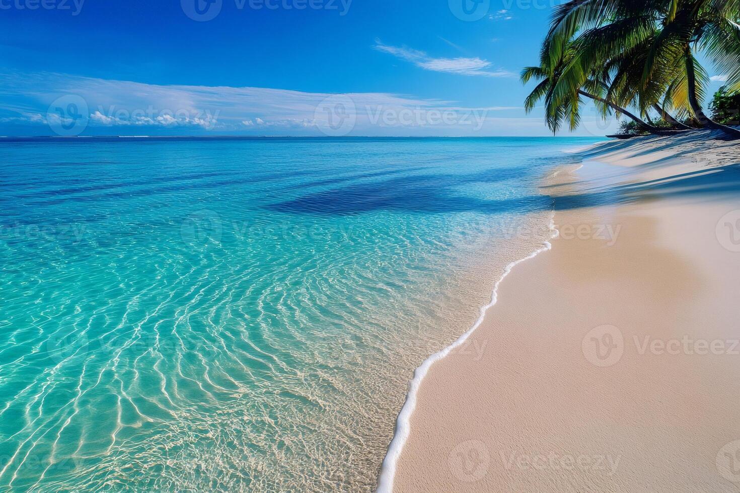Crystal clear water gently lapping on the idyllic sandy beach paradise photo