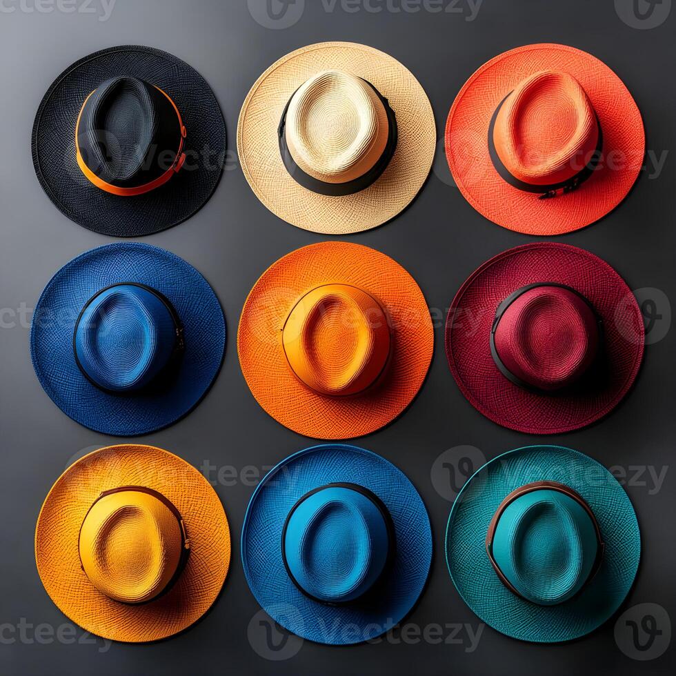 Colorful fedora hats hanging on a gray wall, representing diversity and style photo