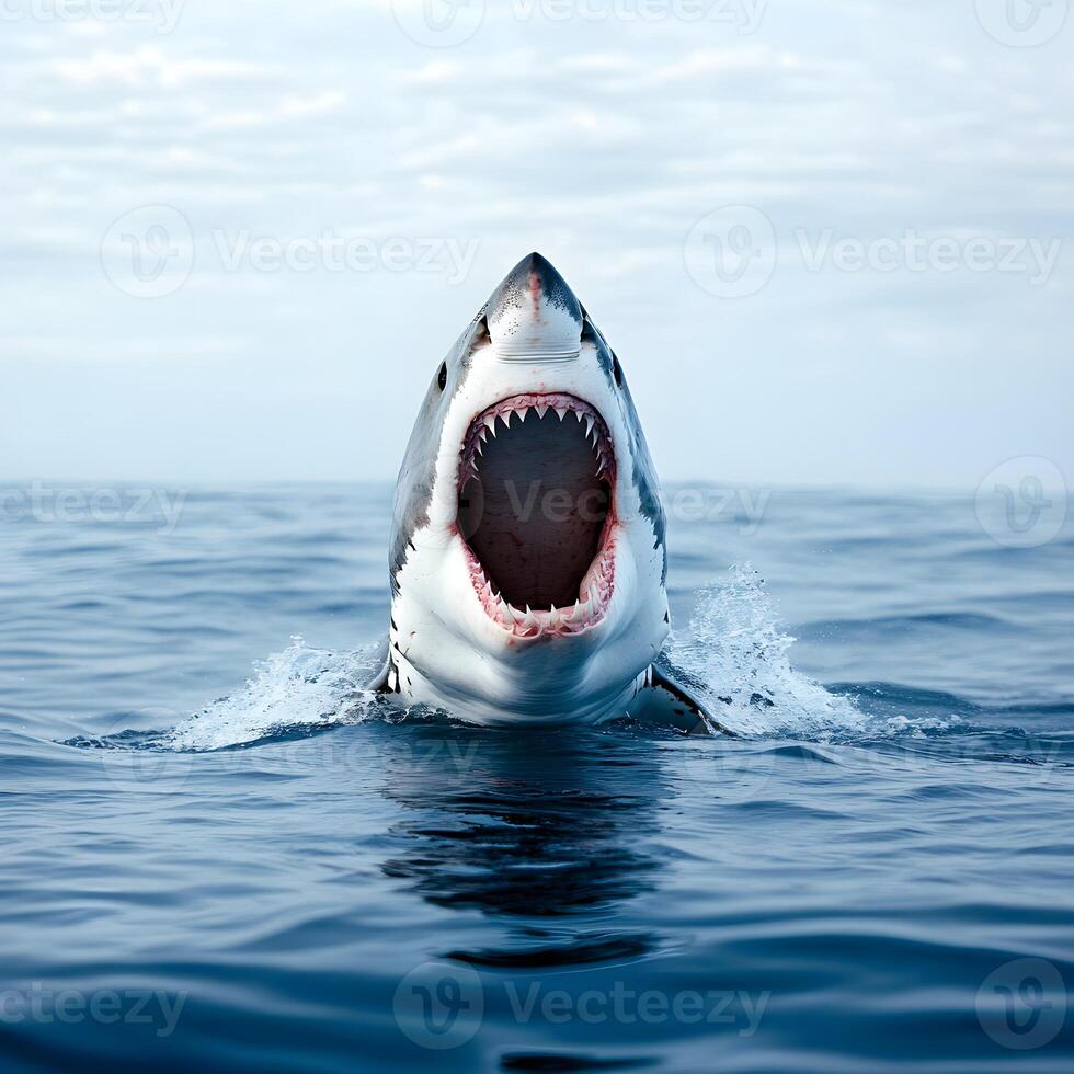 Great white shark opening its huge jaws while emerging from the ocean photo