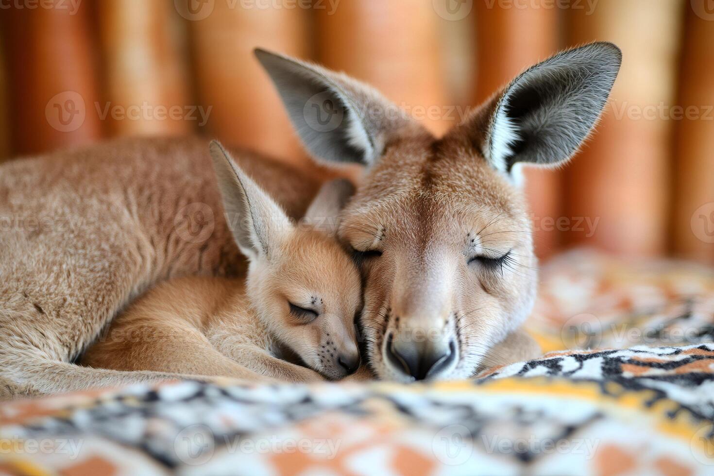 Red kangaroo mother and joey sleeping peacefully together photo